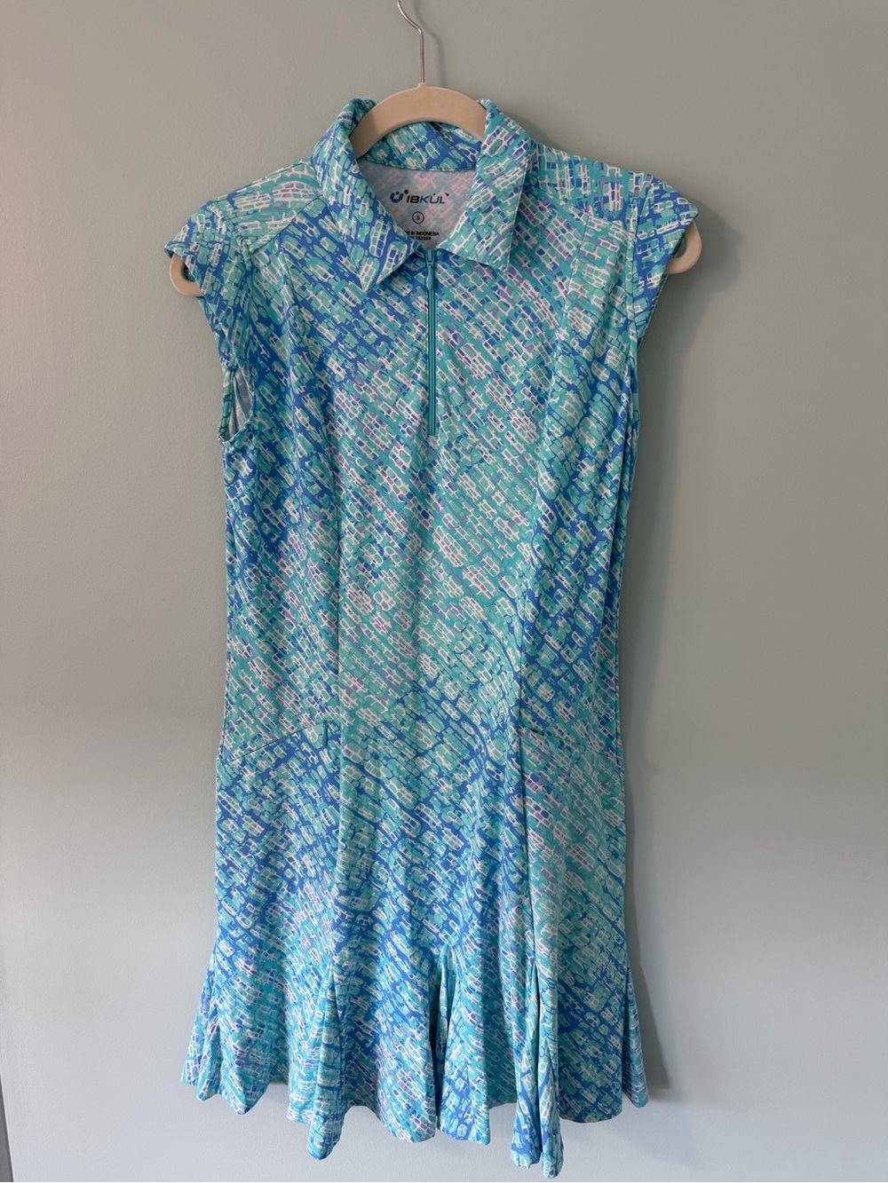 IBKUL Aqua Blue Printed Sleeveless Polo Dress